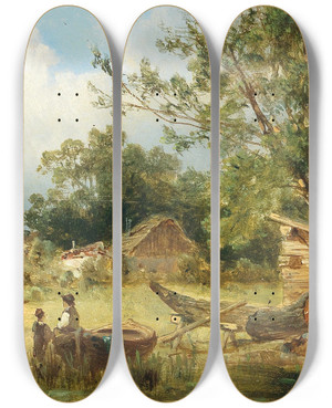 Triptych art skateboard deck of Josef Thoma Landscape In The Salzburg Region by Josef Thoma (1828-1899)