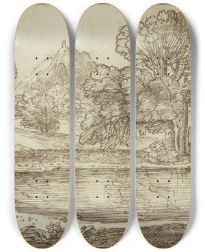 Triptych art skateboard deck of Giovanni Francesco Grimaldi Baumpartie Am Wasser Rechts Kahn Mit Zwei Figuren by Giovanni Francesco Grimaldi (1606-1680)