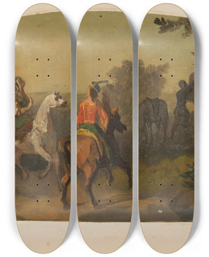 Triptych art skateboard deck of Julesedmondcharles Lachaise Mural Design Picturing Riders In A Landscape For A Lunette In The Library Of The Chateau De Lude Sarthe by Jules-Edmond-Charles Lachaise (1897)