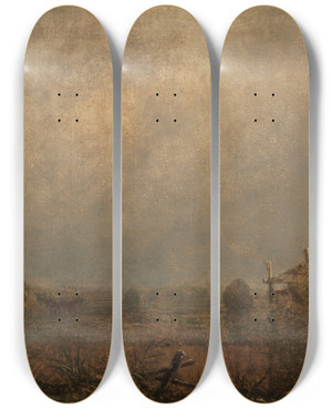 Triptych art skateboard deck of Martin Johnson Heade High Tide On The Marshes by Martin Johnson Heade (1819-1904)
