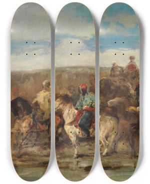 Triptych art skateboard deck of Adolf Schreyer Arabische Reiter Am Fluss by Adolf Schreyer (1828-1899)