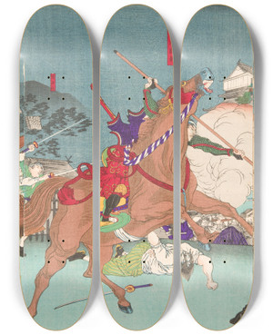 Triptych art skateboard deck of Tsukioka Yoshitoshi Battle Before Kumamoto Castle by Tsukioka Yoshitoshi (1839-1892)