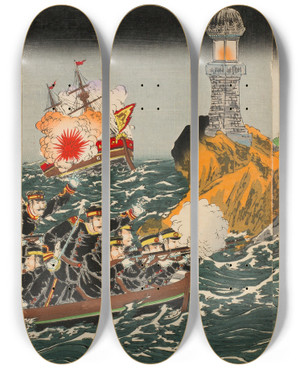 Triptych art skateboard deck of Watanabe Nobukazu Lighthouse At The Entrance To Port Arthur_2 by Watanabe Nobukazu (1872-1944)