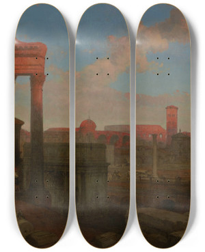 Triptych art skateboard deck of David Roberts The Remains Of The Roman Forum by David Roberts (1796-1864)