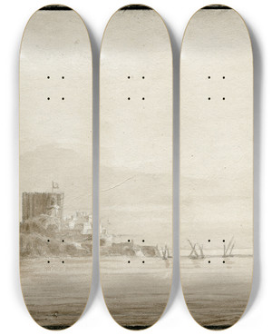 Triptych art skateboard deck of Otto Howen Gezicht Op Het Eiland Peniscola by Otto Howen (1774-1848)