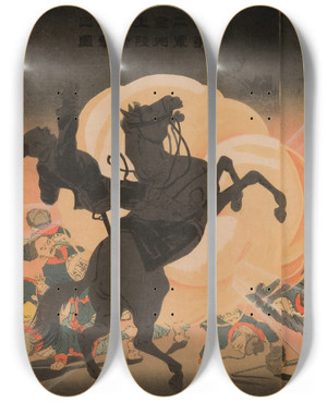 Triptych art skateboard deck of Kobayashi Kiyochika Bombarding The Enemy Camp As Our Second Army Lands At Jinzhou Fortress by Kobayashi Kiyochika (1847-1915)