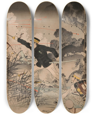 Triptych art skateboard deck of Toshikata Mizuno The Bravery Of Captain Matsuzaki During The Great Fierce Battle At Anseong Crossing by Toshikata Mizuno (1866-1908)