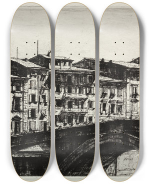 Triptych art skateboard deck of Francis Dodd Ponte Di Mezzo Pisa by Francis Dodd (1874-1949)