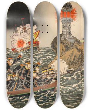 Triptych art skateboard deck of Watanabe Nobukazu Lighthouse At The Entrance To Port Arthur_1 by Watanabe Nobukazu (1872-1944)