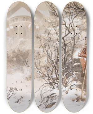 Triptych art skateboard deck of Anton Von Werner Irregang Schneesturm Im Kirchhof by Anton von Werner (1843-1915)