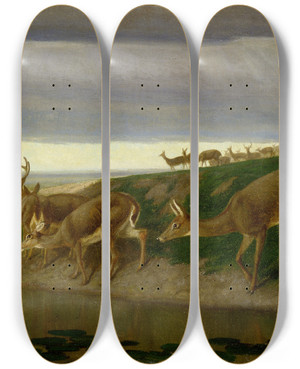 Triptych art skateboard deck of William Holbrook Beard Deer On The Prairie by William Holbrook Beard (1824-1900)