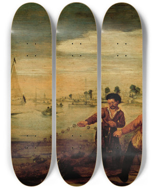Triptych art skateboard deck of Arent Arentsz Cabel Fishermen On The Bank Of The Amstel Near The Pauwentuin Amsterdam by Arent Arentsz Cabel (1585-1631)