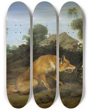 Triptych art skateboard deck of Frans Snyders The Fox Visiting The Heron by Frans Snyders (1579-1657)