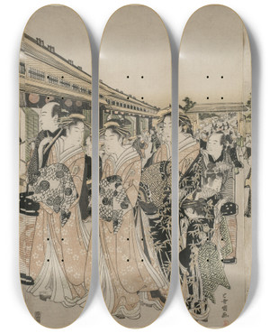 Triptych art skateboard deck of Toyokuni Utagawa Courtesans Promenading On The Nakanocho by Toyokuni Utagawa (1769-1825)