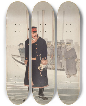 Triptych art skateboard deck of Kobayashi Kiyochika Lieutenantgeneral Yamaji Leading The Japanese Second Army During Its Landing On The Jinzhou Peninsula by Kobayashi Kiyochika (1847-1915)