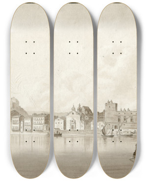 Triptych art skateboard deck of Otto Howen Gezicht Vanaf Het Water Op Tortosa by Otto Howen (1774-1848)