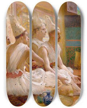 Triptych art skateboard deck of Henry Siddons Mowbray The Calenders by Henry Siddons Mowbray (1858-1928)