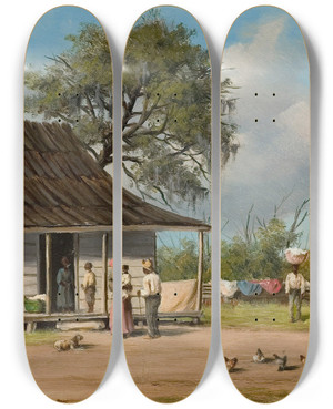 Triptych art skateboard deck of William Aiken Walker Cabin Scene_4 by William Aiken Walker (1838-1921)