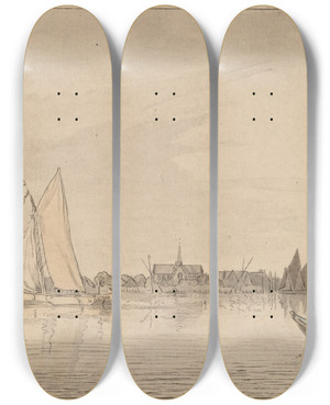 Triptych art skateboard deck of Cornelis Ploos Van Amstel River With Town by Cornelis Ploos Van Amstel (1726-1798)