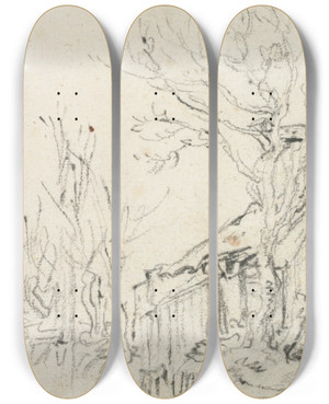 Triptych art skateboard deck of Jan Van Goyen Sketch Of Landscape With Cottage by Jan Van Goyen (1596-1656)