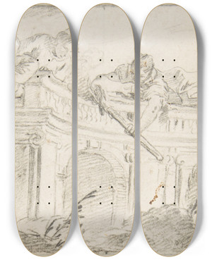 Triptych art skateboard deck of Giovanni Battista Tiepolo Scene Of Men Disposing Of Corpse In A Garden by Giovanni Battista Tiepolo (1696-1770)