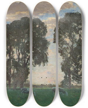 Triptych art skateboard deck of Alfred Zoff Langenpreising Viehweide Mit Groen Bumen by Alfred Zoff (1852-1927)