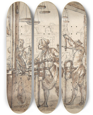 Triptych art skateboard deck of Jean Michel Moreau The Younger The Maker Of Scales by Jean Michel Moreau The Younger (1741-1814)