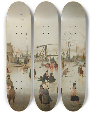 Triptych art skateboard deck of Hendrick Avercamp Iceskating In A Village by Hendrick Avercamp (1585-1634)