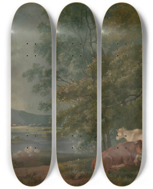 Triptych art skateboard deck of George Barret Morning Landscape With Cattle by George Barret (1767-1842)