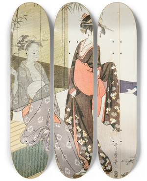 Triptych art skateboard deck of Kitagawa Utamaro Drying And Stretching Cloth by Kitagawa Utamaro (1753-1806)