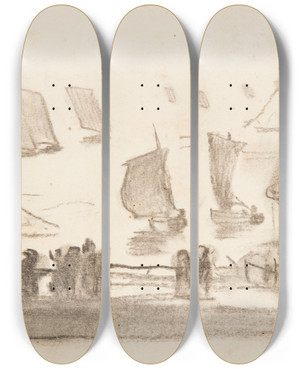 Triptych art skateboard deck of Winslow Homer Beach Scene With People And Fishing Boats Cullercoats England by Winslow Homer (1836-1910)