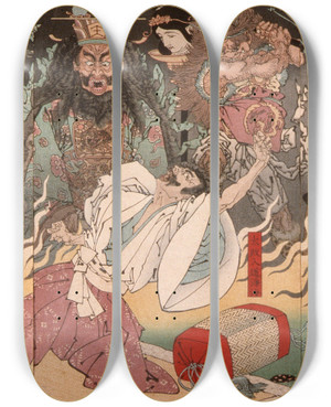 Triptych art skateboard deck of Tsukioka Yoshitoshi The Fever Of Taira No Kiyomori by Tsukioka Yoshitoshi (1839-1892)
