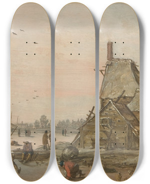 Triptych art skateboard deck of Jan Van Goyen Winter Scene At A Farm by Jan Van Goyen (1596-1656)