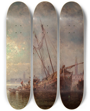 Triptych art skateboard deck of Franz Richard Unterberger Venise Vue De San Giorgio Maggiore by Franz Richard Unterberger (1838-1902)