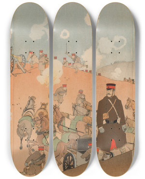 Triptych art skateboard deck of Kobayashi Kiyochika Colonel Kumamoto Masaji Regimental Commander Of The Imperial Guard Artillery by Kobayashi Kiyochika (1847-1915)