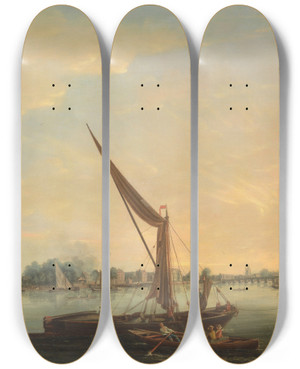 Triptych art skateboard deck of Thomas Whitcombe The Thames At Chelsea by Thomas Whitcombe (1763-1824)