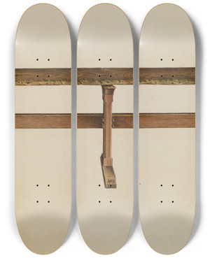 Triptych art skateboard deck of Isadore Goldberg Trestle Table by Isadore Goldberg