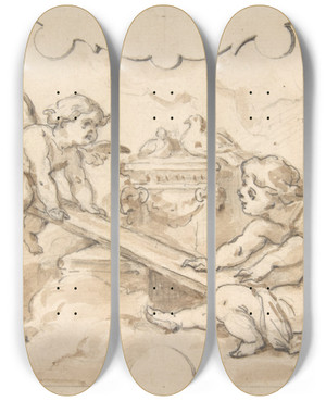 Triptych art skateboard deck of Julesedmondcharles Lachaise Putti At Play_1 by Jules-Edmond-Charles Lachaise (1897)