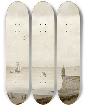 Triptych art skateboard deck of Otto Howen Gezicht Op De Haven Van Barcelona_2 by Otto Howen (1774-1848)
