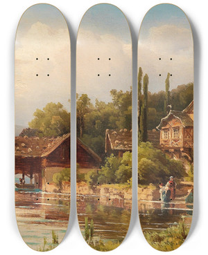 Triptych art skateboard deck of Anton Hugo Ullik Washerwomen On The Lake Shore by Anton Hugo Ullik (1838-1881)