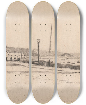 Triptych art skateboard deck of Sir Frank Short Parkgate by Sir Frank Short (1857-1945)