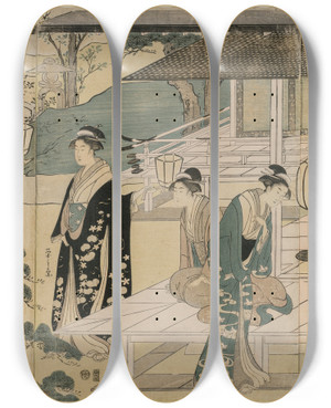Triptych art skateboard deck of Chbunsai Eishi The Matsukaze Chapter Of The Tale Of Genji From The Series The Tale Of Genji In Elegant Modern Dress by Chobunsai Eishi (1756-1829)