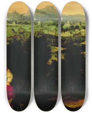 Triptych art skateboard deck of Jan Van Scorel Landscape With Tobias And The Angel by Jan Van Scorel (1495-1562)