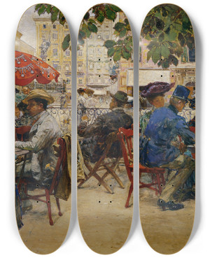 Triptych art skateboard deck of Theodor Josef Ethofer Cafe Tomaselli In Salzburg by Theodor Josef Ethofer (1849-1915)