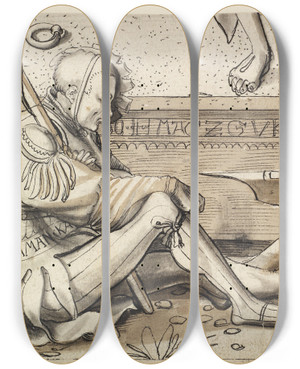 Triptych art skateboard deck of Niklaus Manuel Fragment Eines Scheibenrisses Mit Zwei Grabwchtern by Niklaus Manuel (1484-1530)
