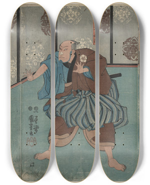Triptych art skateboard deck of Utagawa Kuniyoshi Tanizawa Tanomo Wakat Kihei Iwafuji Meshitsukai Chiyo by Utagawa Kuniyoshi (1797-1861)