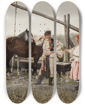 Triptych art skateboard deck of Jaroslav Vn Setkn U Studny by Jaroslav Vesin (1860-1915)