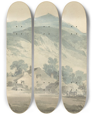 Triptych art skateboard deck of Paul Sandby Munn Landscape At Beddgelert North Wales by Paul Sandby Munn (1773-1845)