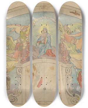 Triptych art skateboard deck of Jozef Hanula Madonna And Child Mural Design Of A Church In Viov by Jozef Hanula (1863-1944)