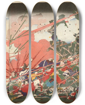 Triptych art skateboard deck of Tsukioka Yoshitoshi The War At Kagoshima by Tsukioka Yoshitoshi (1839-1892)